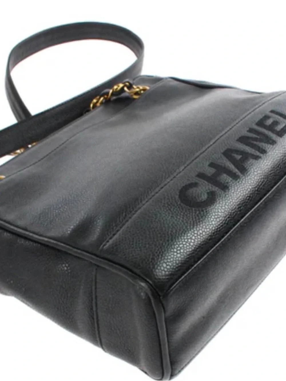CHANEL Black Leather Shoulder Bag with Gold Chain Straps